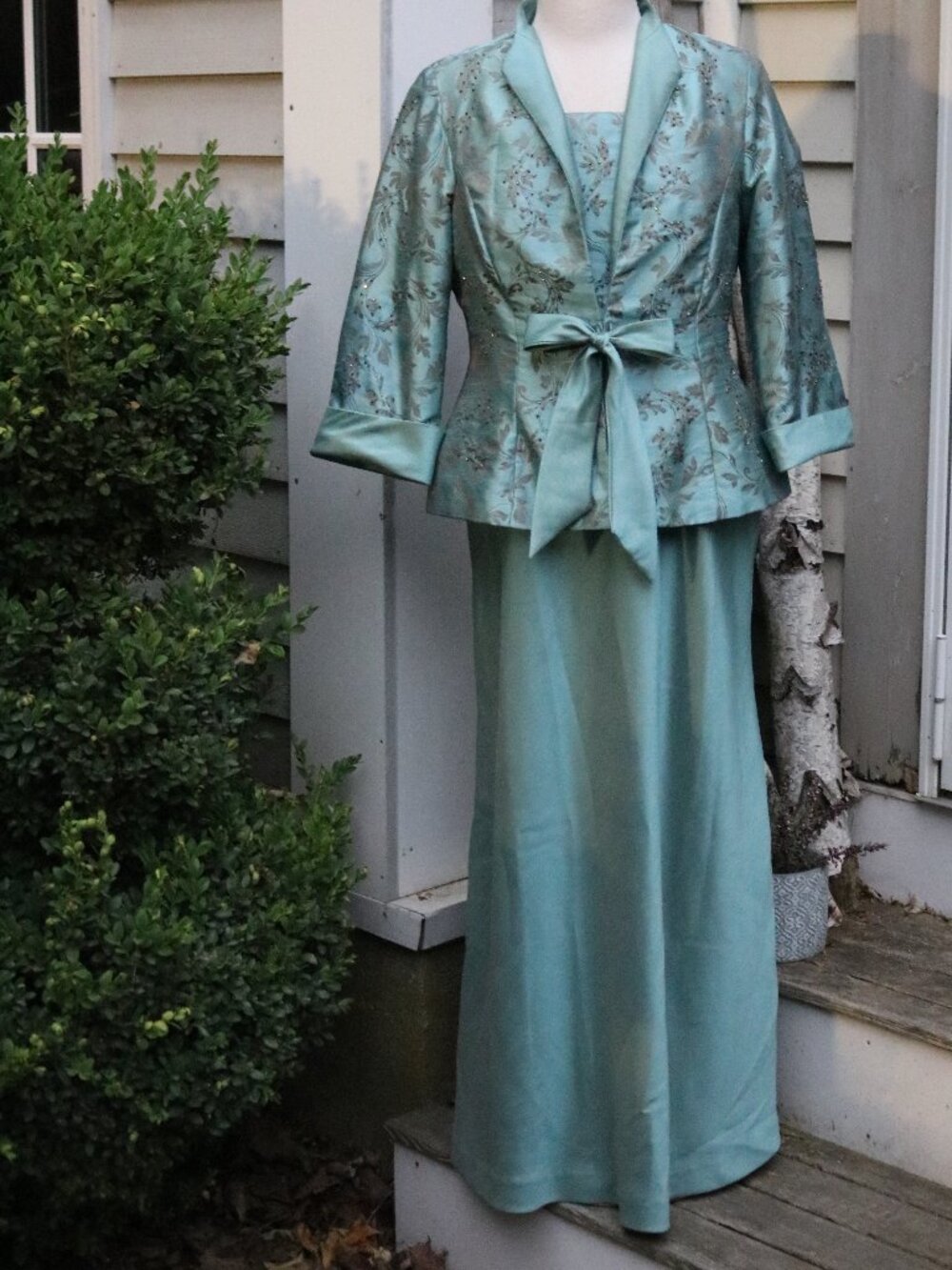 R & M Richards Aqua Brown Beaded Damask Tie Front 2 Piece Maxi Jacket Bridal Set